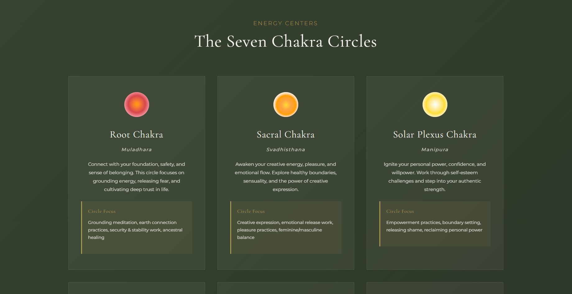 Seven Chakra Circles section on the Kay LaShell website designed by MyVA