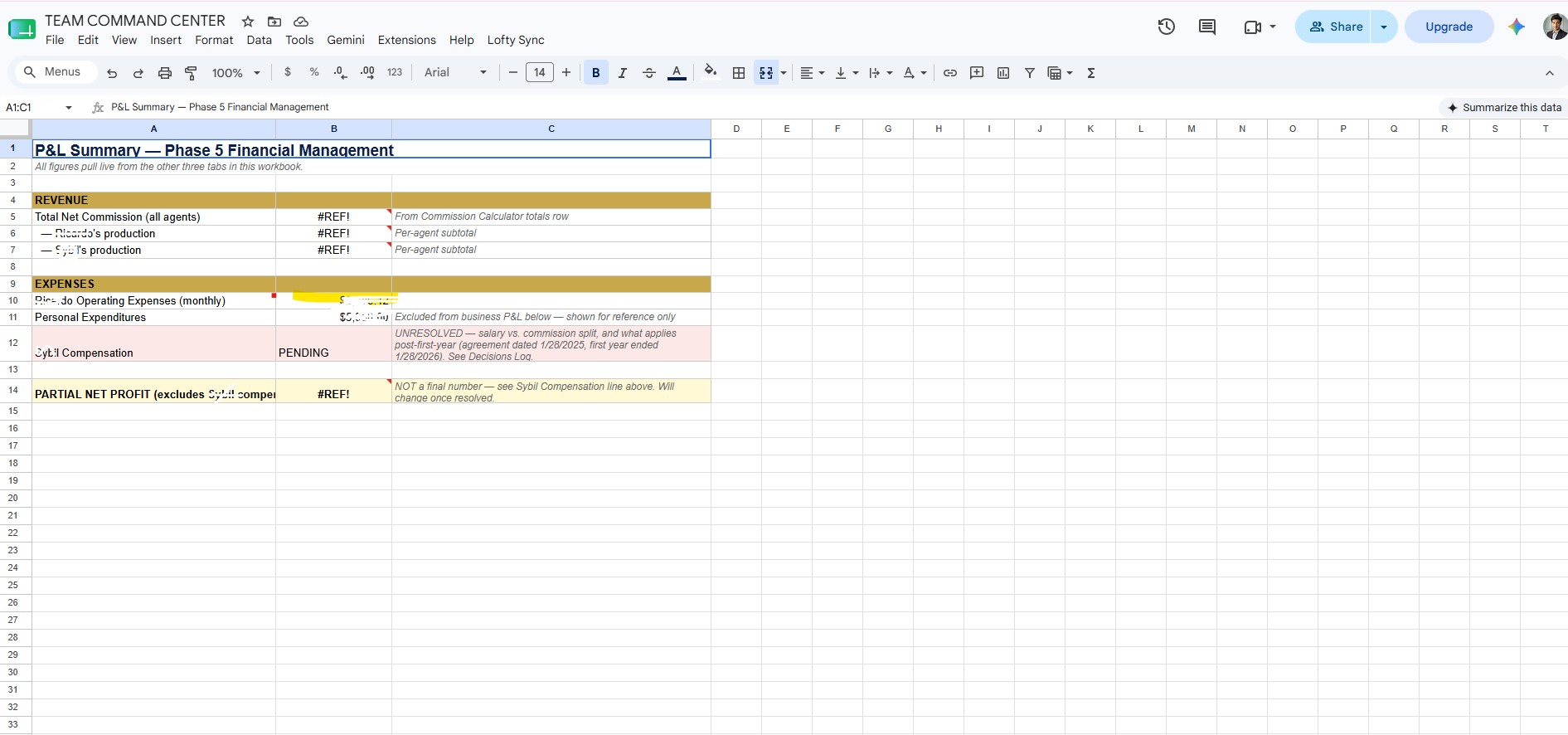 Profit and loss summary tracker built by MyVA for a real estate agent