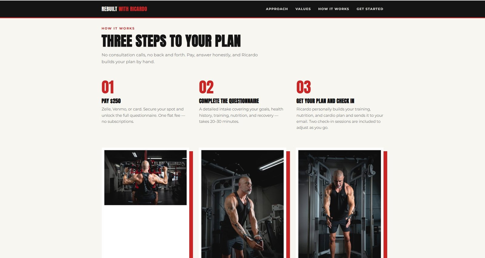 Rebuilt With Ricardo coaching programme section showing training, nutrition and cardio plans