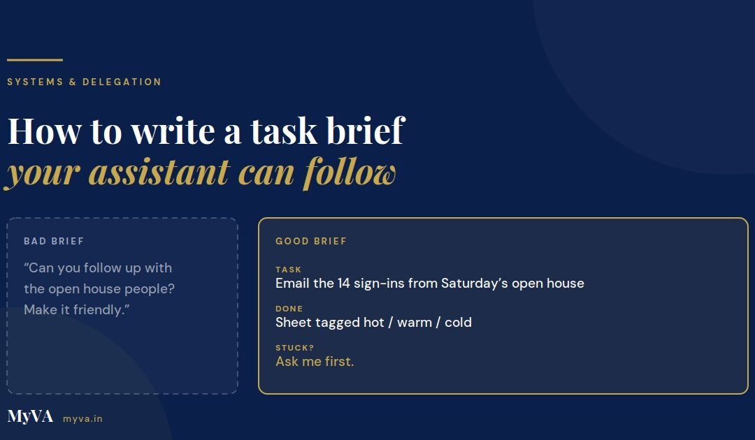 A bad task brief and a good task brief side by side — how to delegate tasks effectively, MyVA